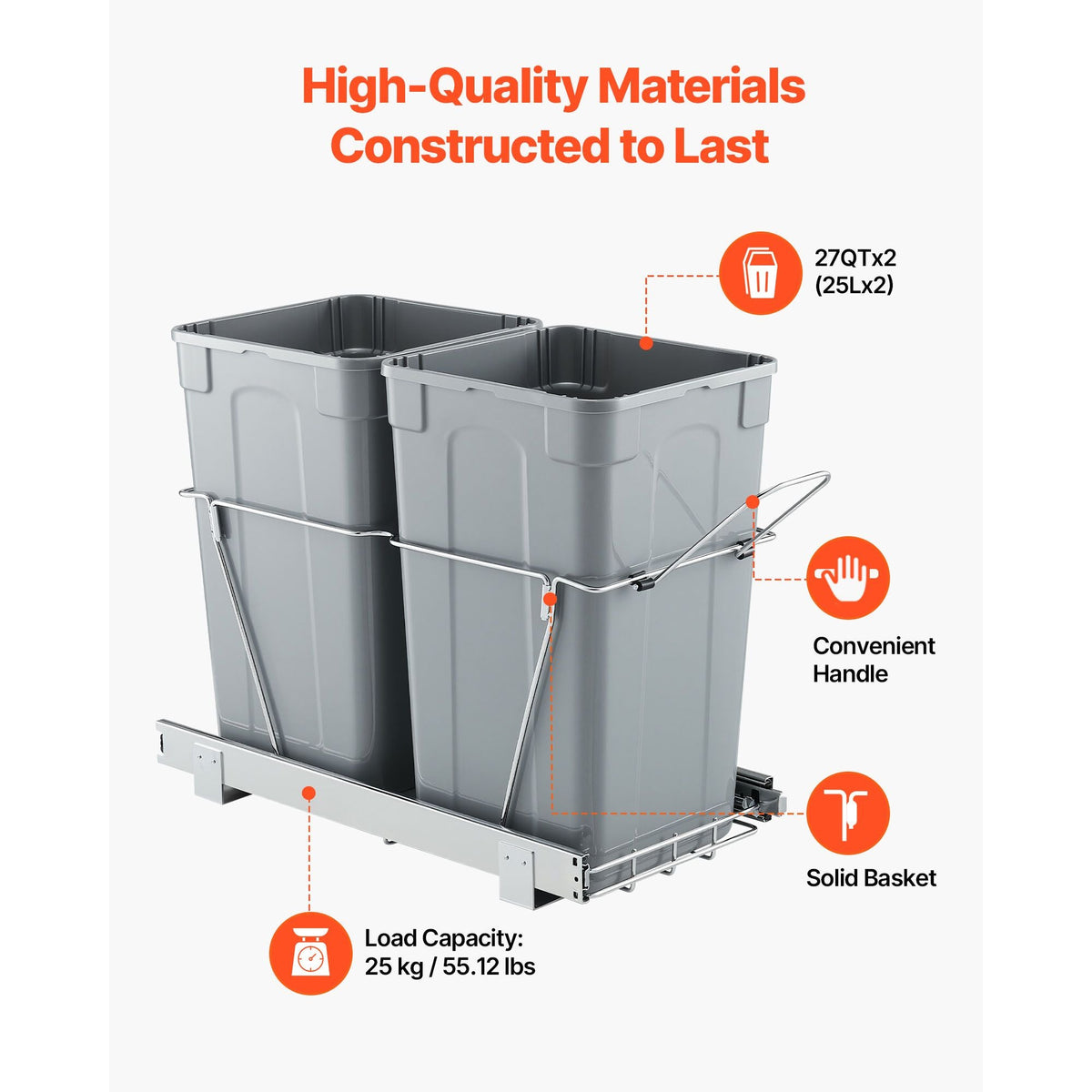 Pullout Trash Can for Kitchen Cabinets, 27QTx2 Double Under Sink Garbage Waste Recycling Bin, Under Mount Waste Container, with Heavy Duty Metal Full Extension Sliding System and Handle