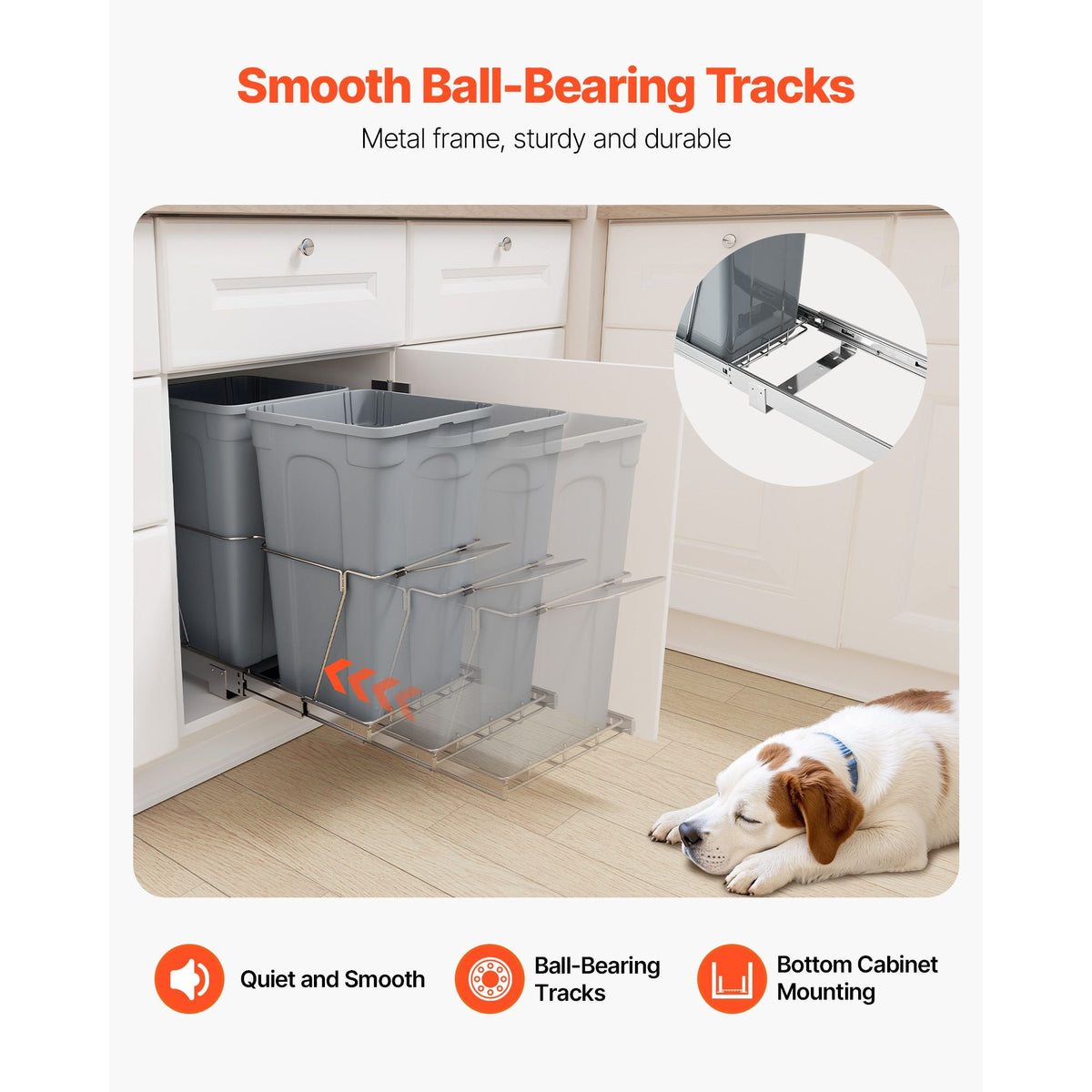 Pullout Trash Can for Kitchen Cabinets, 27QTx2 Double Under Sink Garbage Waste Recycling Bin, Under Mount Waste Container, with Heavy Duty Metal Full Extension Sliding System and Handle