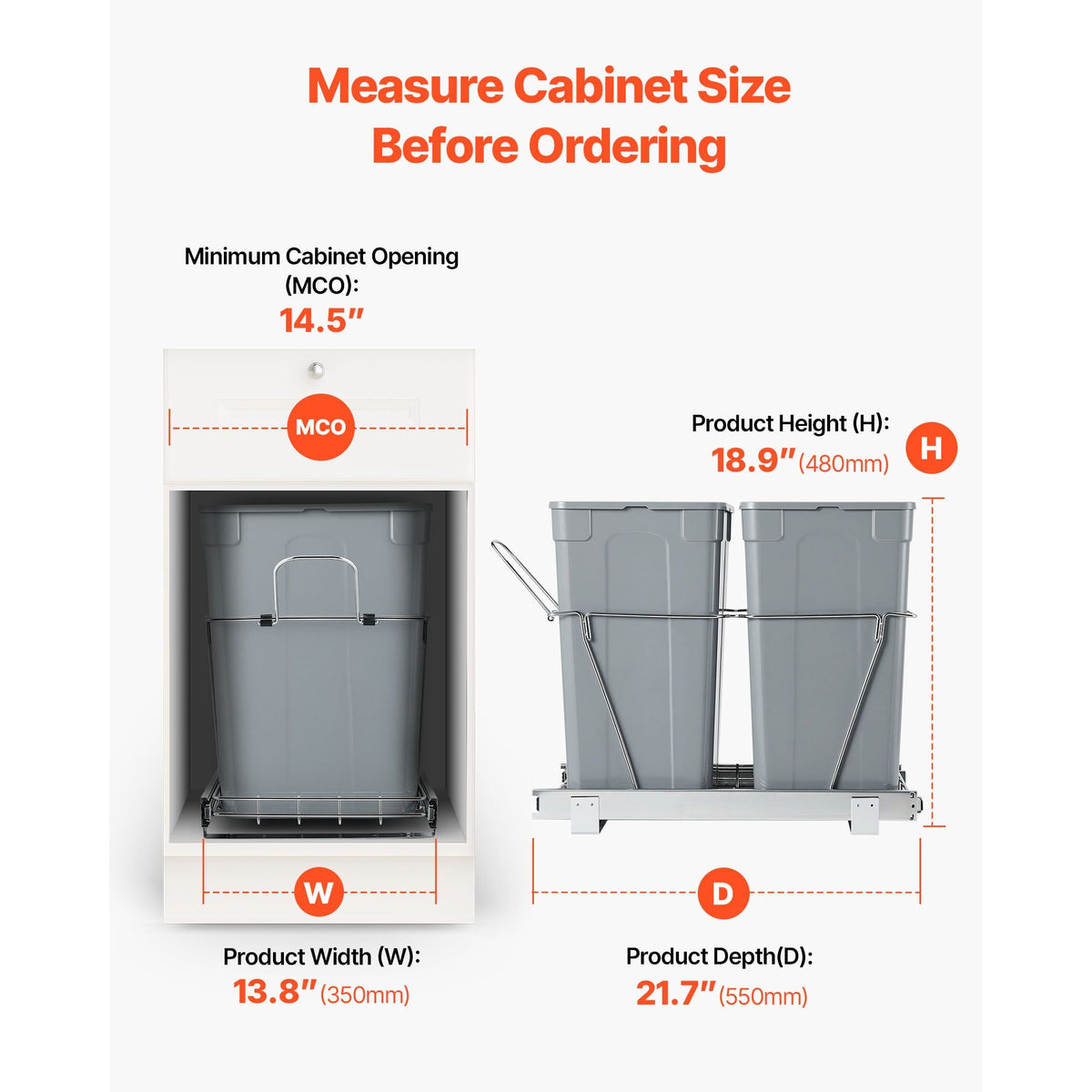 Pullout Trash Can for Kitchen Cabinets, 35 QT x2 Double Under Sink Garbage Waste Recycling Bin, Under Mount Waste Container, with Heavy Duty Metal Full Extension Sliding System and Handle