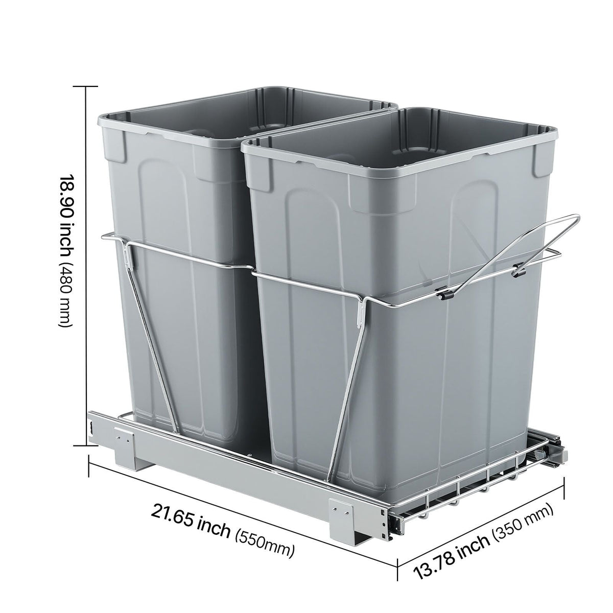 Pullout Trash Can for Kitchen Cabinets, 35 QT x2 Double Under Sink Garbage Waste Recycling Bin, Under Mount Waste Container, with Heavy Duty Metal Full Extension Sliding System and Handle
