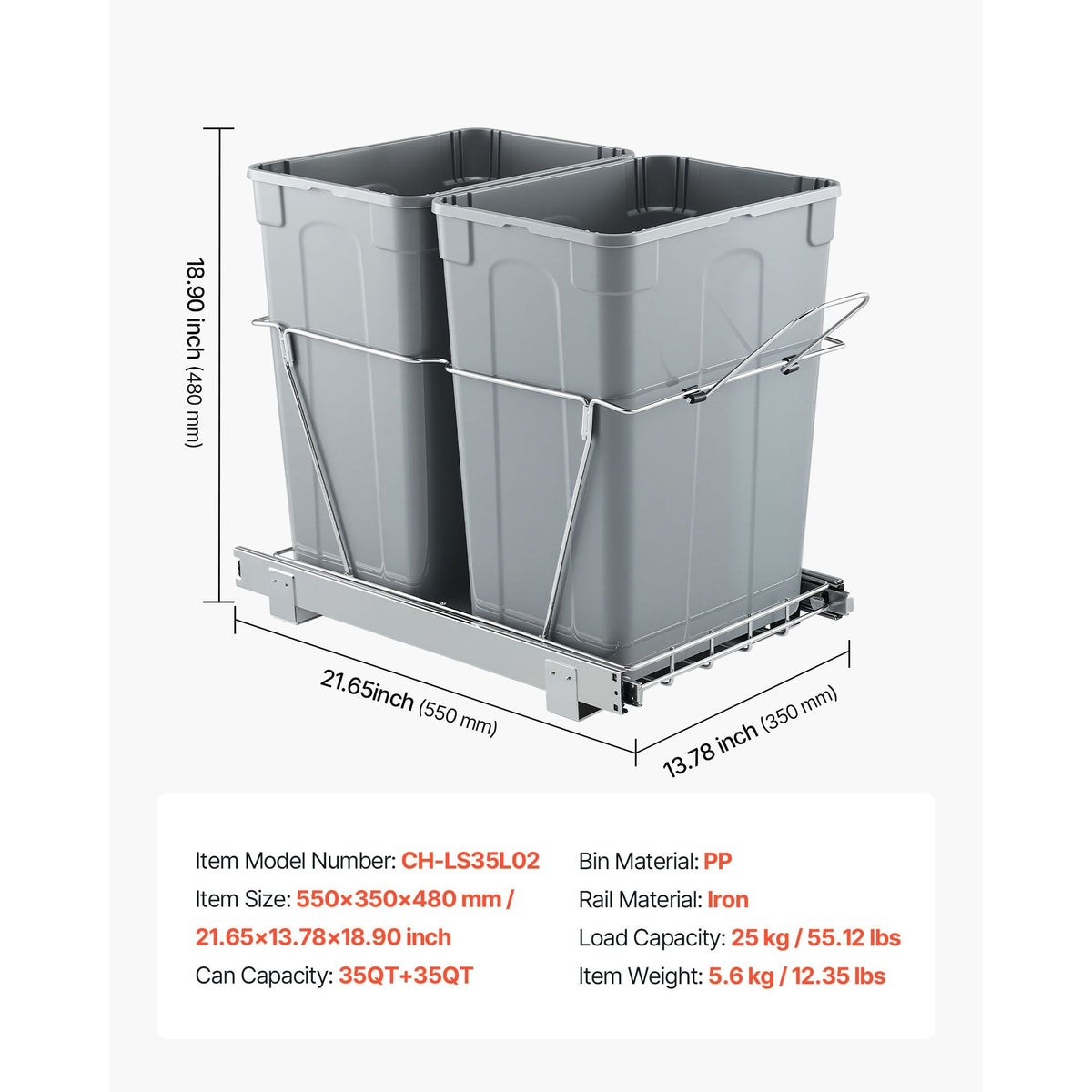 Pullout Trash Can for Kitchen Cabinets, 35 QT x2 Double Under Sink Garbage Waste Recycling Bin, Under Mount Waste Container, with Heavy Duty Metal Full Extension Sliding System and Handle