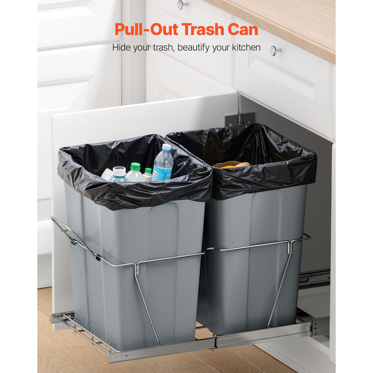 Pullout Trash Can for Kitchen Cabinets, 35 QT x2 Double Under Sink Garbage Waste Recycling Bin, Under Mount Waste Container, with Heavy Duty Metal Full Extension Sliding System and Handle