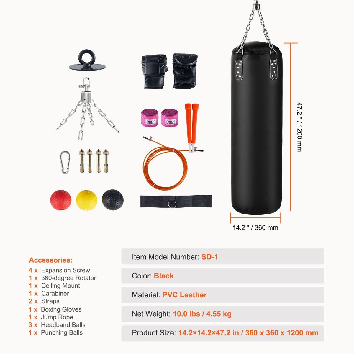 Punching Bag for Adults, 4ft PVC Heavy Boxing Bag Set, Punching Bag with Chains and Gloves, Hanging Boxing Bag for MMA Karate Judo, Muay Thai Kickboxing Boxing, Home Gym Training, (Unfilled)