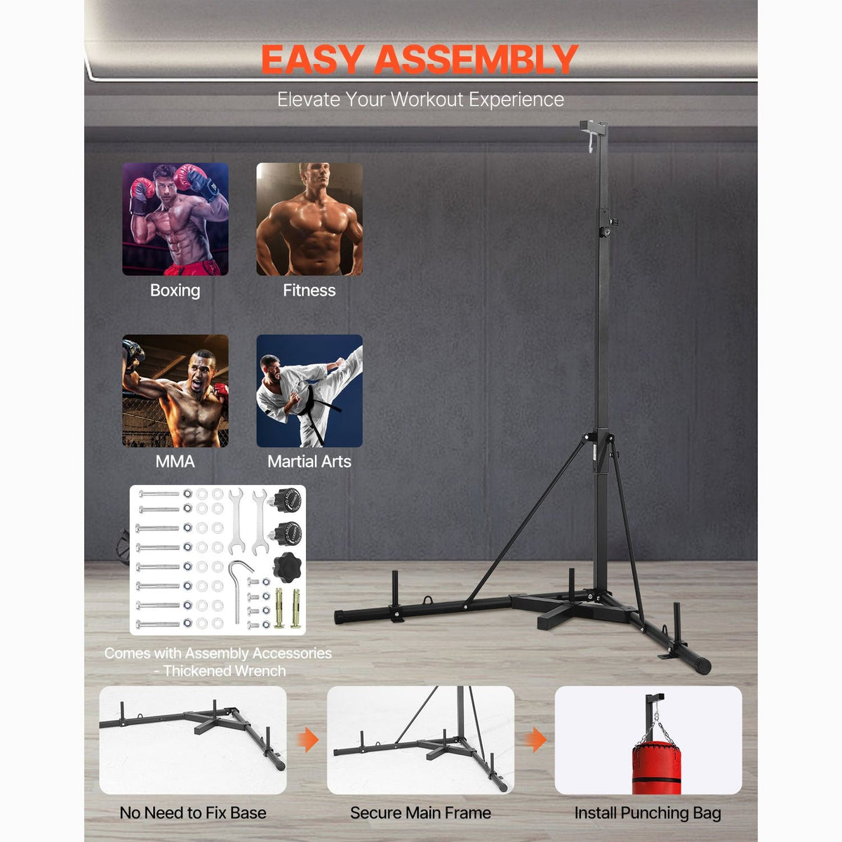 Punching Bag Stand, Steel Heavy Duty Workout Training Equipment, Adjustable Height Boxing Punching Stand with Weighted Base, Holds Up to 140 lbs, Freestanding Sandbag Rack for Home Gym Fitness