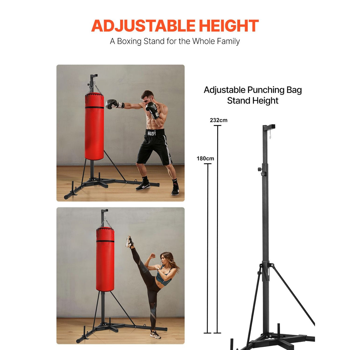 Punching Bag Stand, Steel Heavy Duty Workout Training Equipment, Adjustable Height Boxing Punching Stand with Weighted Base, Holds Up to 140 lbs, Freestanding Sandbag Rack for Home Gym Fitness