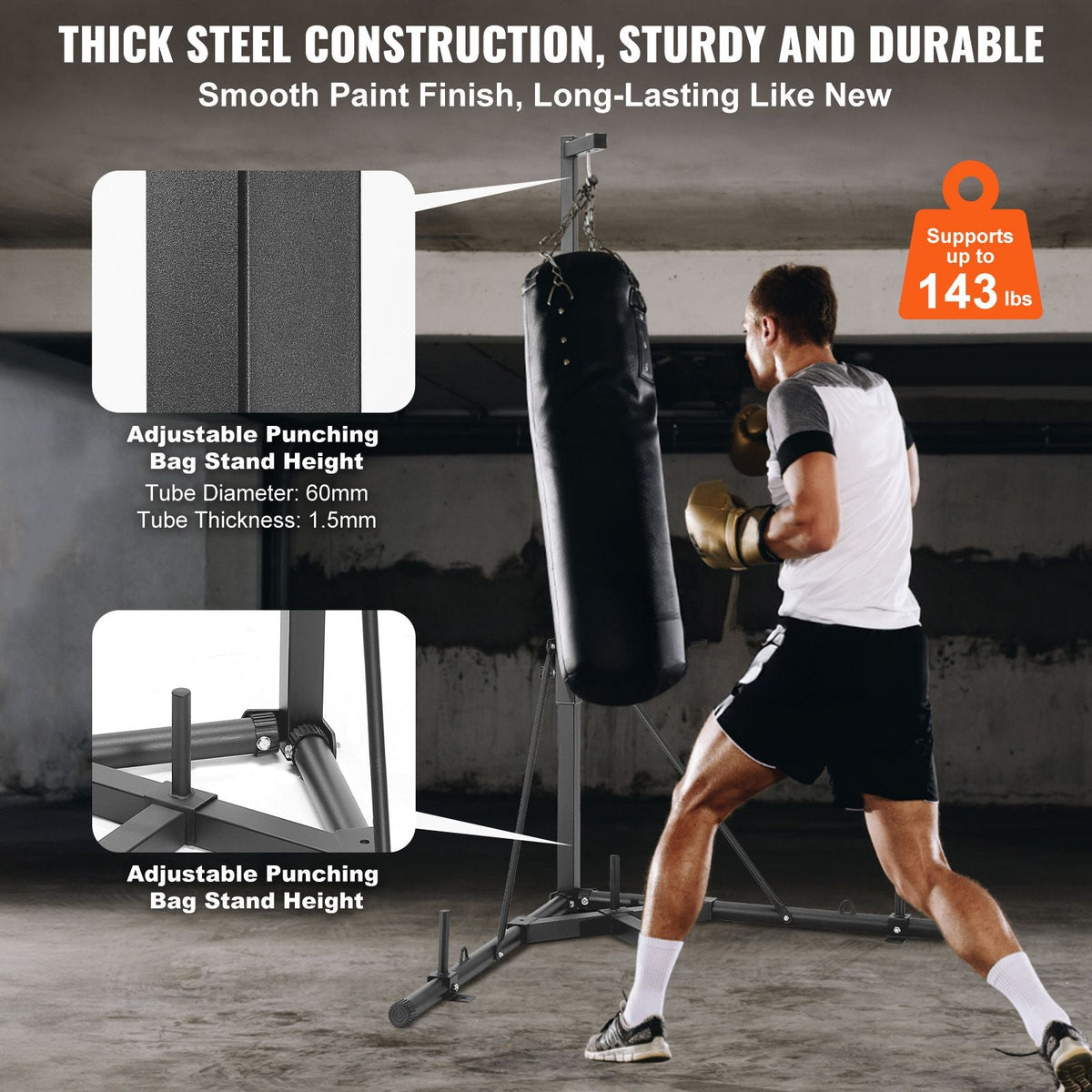 Punching Bag Stand, Steel Heavy Duty Workout Training Equipment, Adjustable Height Boxing Punching Stand with Weighted Base, Holds Up to 143 lbs, Freestanding Sandbag Rack for Home Gym Fitness