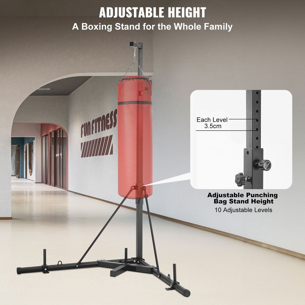 Punching Bag Stand, Steel Heavy Duty Workout Training Equipment, Adjustable Height Boxing Punching Stand with Weighted Base, Holds Up to 143 lbs, Freestanding Sandbag Rack for Home Gym Fitness