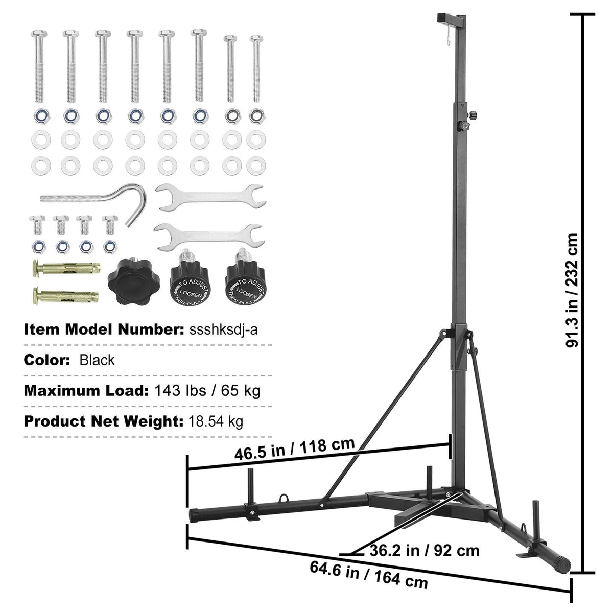 Punching Bag Stand, Steel Heavy Duty Workout Training Equipment, Adjustable Height Boxing Punching Stand with Weighted Base, Holds Up to 143 lbs, Freestanding Sandbag Rack for Home Gym Fitness