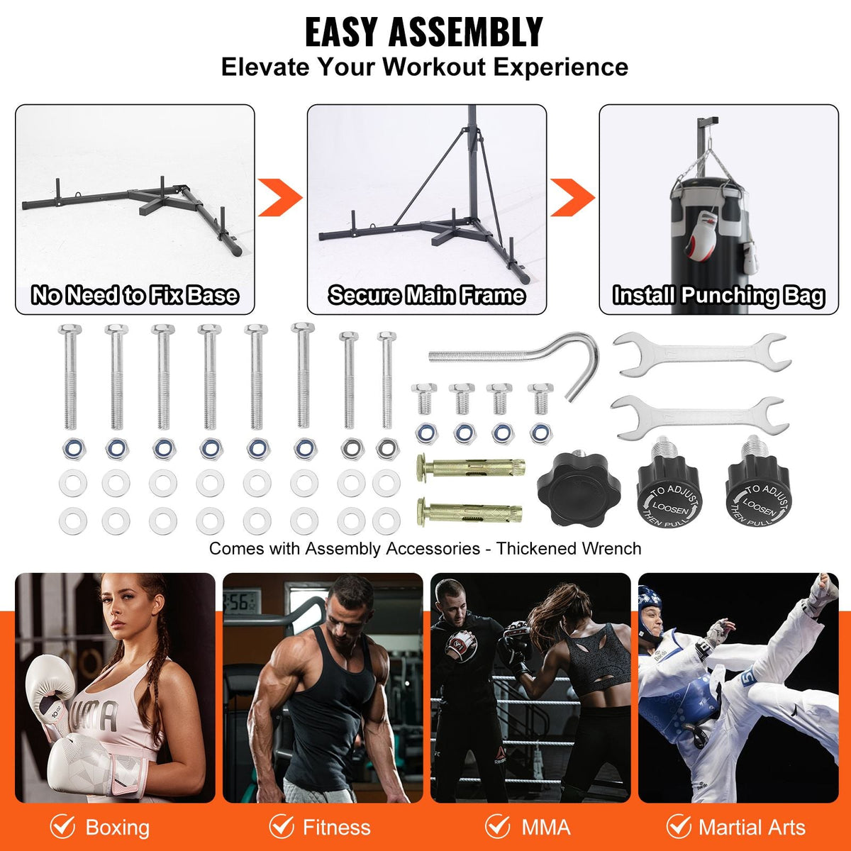 Punching Bag Stand, Steel Heavy Duty Workout Training Equipment, Adjustable Height Boxing Punching Stand with Weighted Base, Holds Up to 143 lbs, Freestanding Sandbag Rack for Home Gym Fitness