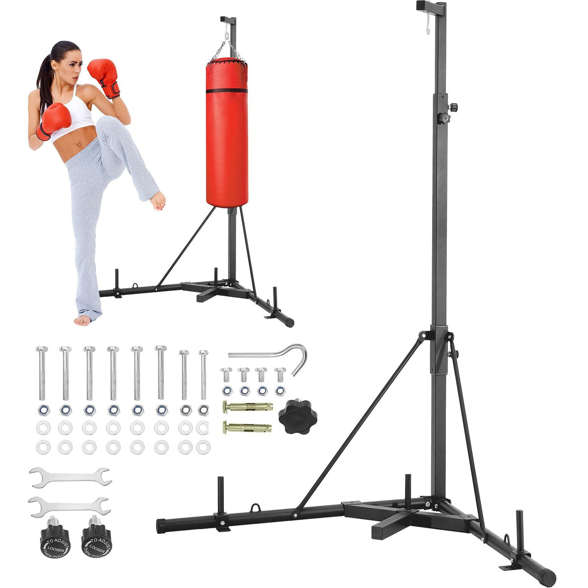 Punching Bag Stand, Steel Heavy Duty Workout Training Equipment, Adjustable Height Boxing Punching Stand with Weighted Base, Holds Up to 143 lbs, Freestanding Sandbag Rack for Home Gym Fitness