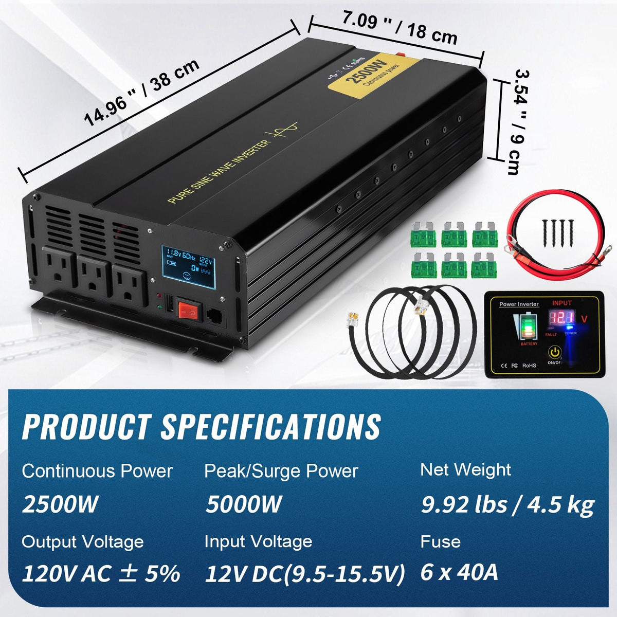 Pure Sine Wave Inverter, 2500 Watt Power Inverter, DC 12V to AC 120V Car Inverter, with USB Port, LCD Display, and Remote Controller Power Converter, for RV Truck Car Solar System Travel Camping