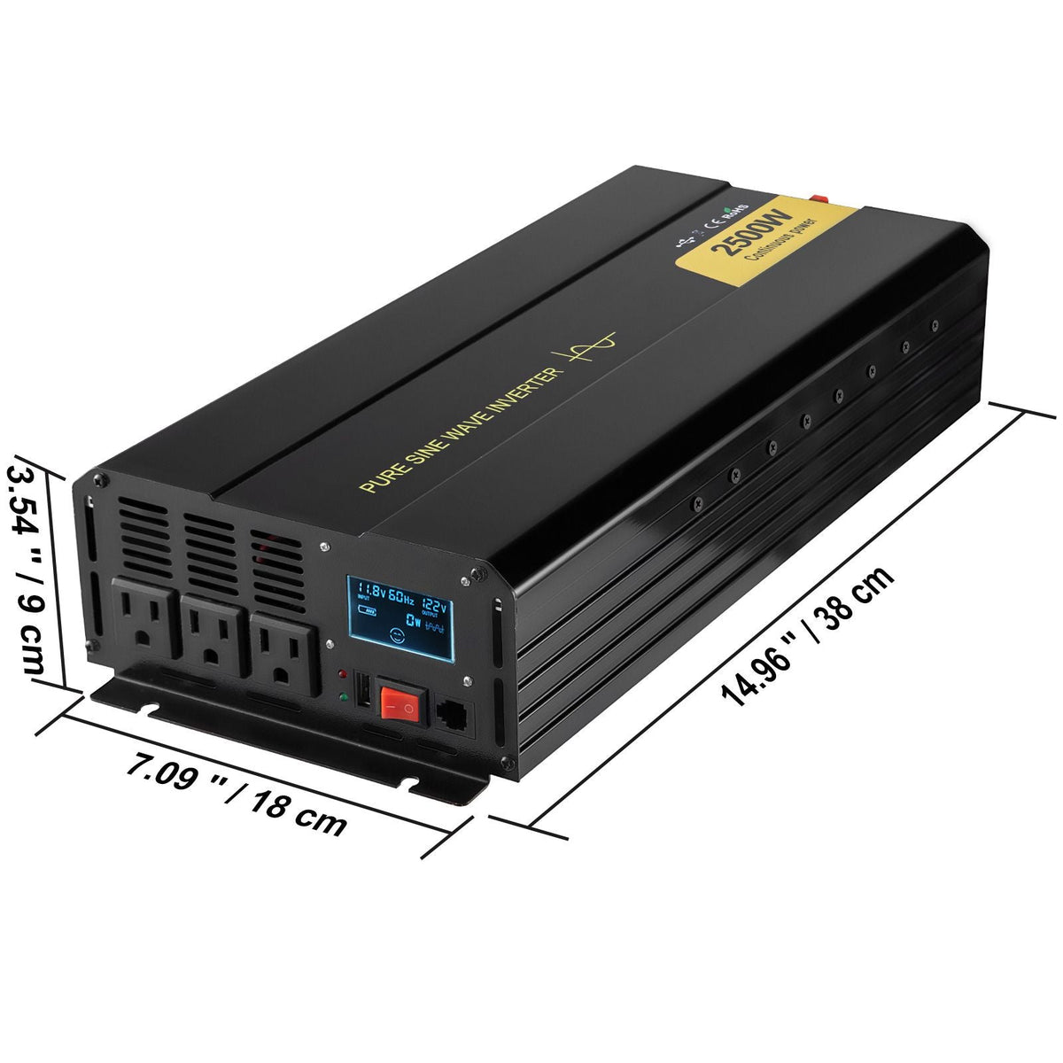 Pure Sine Wave Inverter, 2500 Watt Power Inverter, DC 12V to AC 120V Car Inverter, with USB Port, LCD Display, and Remote Controller Power Converter, for RV Truck Car Solar System Travel Camping