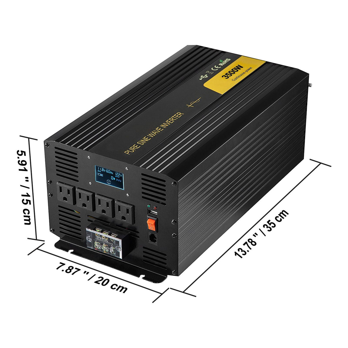 Pure Sine Wave Inverter 3500 Watt Power Inverter, DC 12V to AC 120V Car Inverter, with USB Port LCD Display Remote Controller and AC Outlets (GFCI), for RV Truck Car Solar System Travel Camping