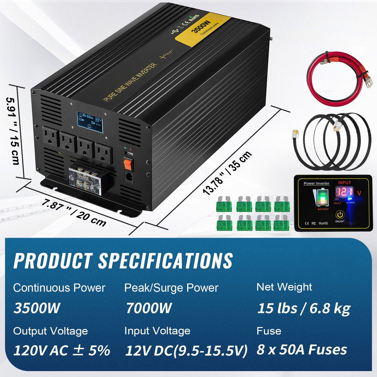 Pure Sine Wave Inverter 3500 Watt Power Inverter, DC 12V to AC 120V Car Inverter, with USB Port LCD Display Remote Controller and AC Outlets (GFCI), for RV Truck Car Solar System Travel Camping