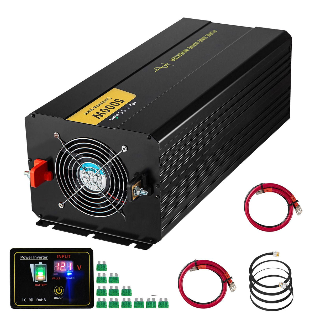 Pure Sine Wave Inverter, 5000 Watt, Power Inverter, DC 12V to AC 120V Car Inverter, with LCD Display, USB Port and Remote Controller, Power Converter for Car RV Truck Solar System Travel Camping