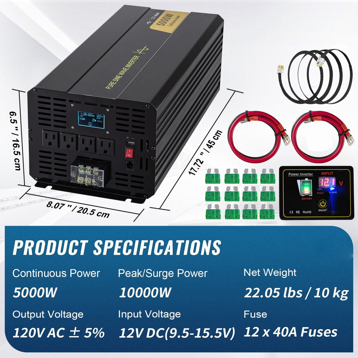 Pure Sine Wave Inverter, 5000 Watt, Power Inverter, DC 12V to AC 120V Car Inverter, with LCD Display, USB Port and Remote Controller, Power Converter for Car RV Truck Solar System Travel Camping