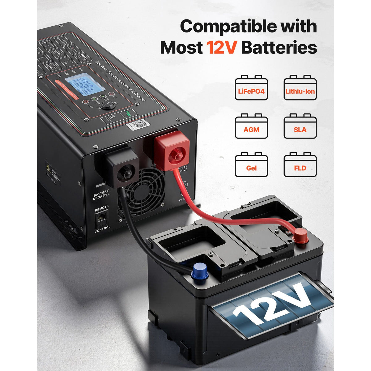 Pure Sine Wave Inverter Charger, 1200W, DC 12V to AC 120V Power Inverter with LCD Display, Remote Control, Low Frequency, for RV Camper Home, Compatible with 12V LiFePO4 Lithium Batteries
