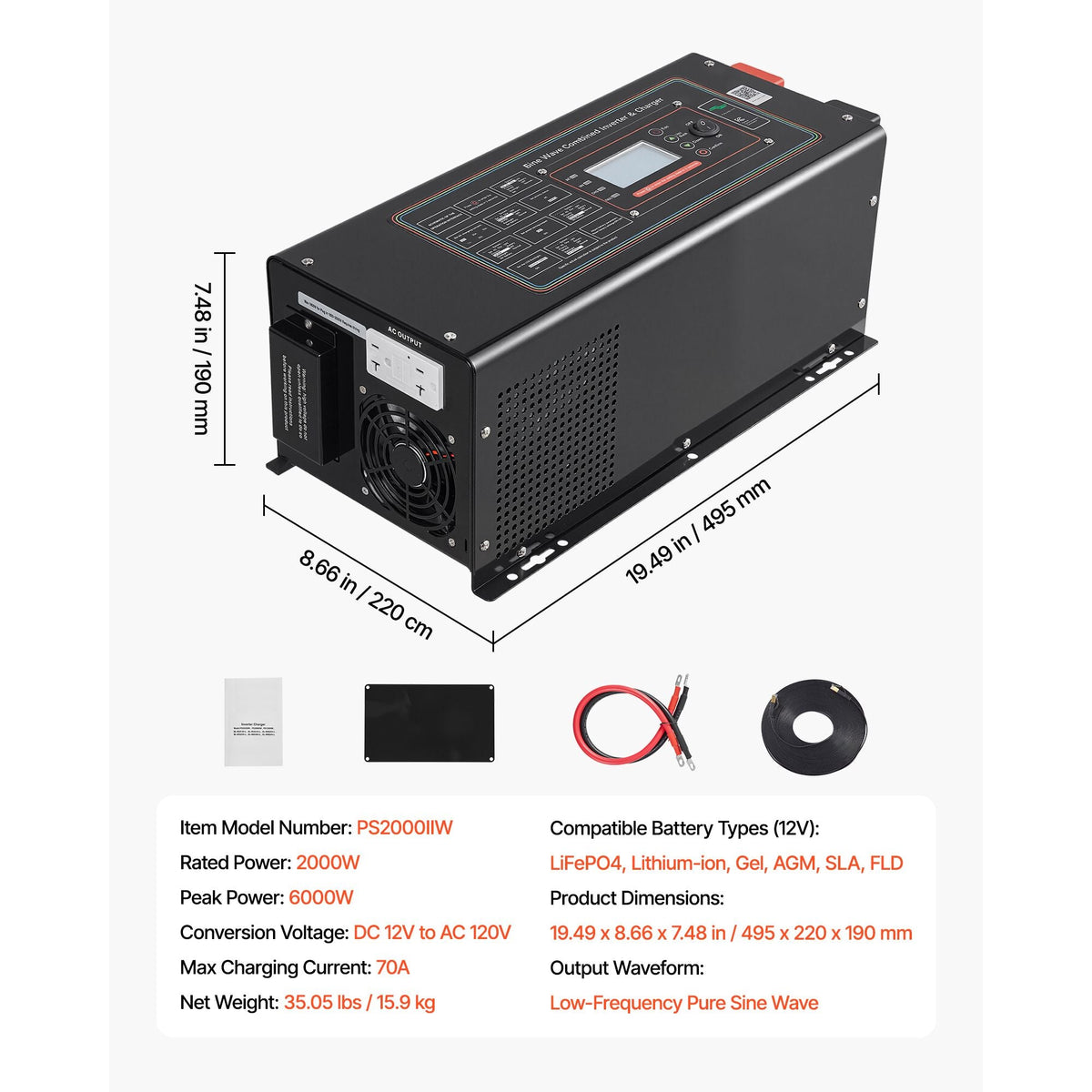 Pure Sine Wave Inverter Charger, 2000W, DC 12V to AC 120V Power Inverter with LCD Display, Remote Control, Low Frequency, GFCI, for RV Camper Home, Compatible with 12V LiFePO4 Lithium Batteries