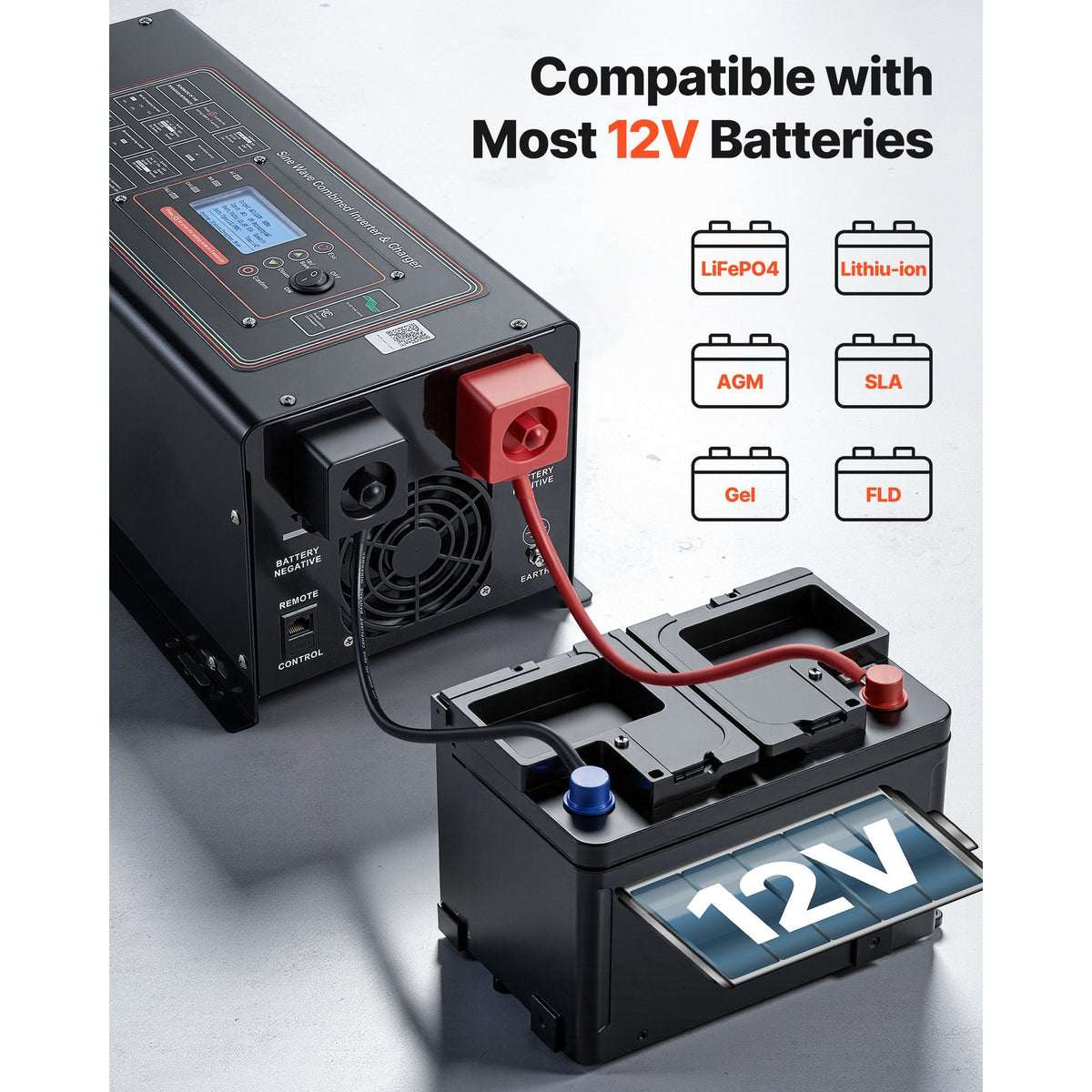 Pure Sine Wave Inverter Charger, 2000W, DC 12V to AC 120V Power Inverter with LCD Display, Remote Control, Low Frequency, GFCI, for RV Camper Home, Compatible with 12V LiFePO4 Lithium Batteries