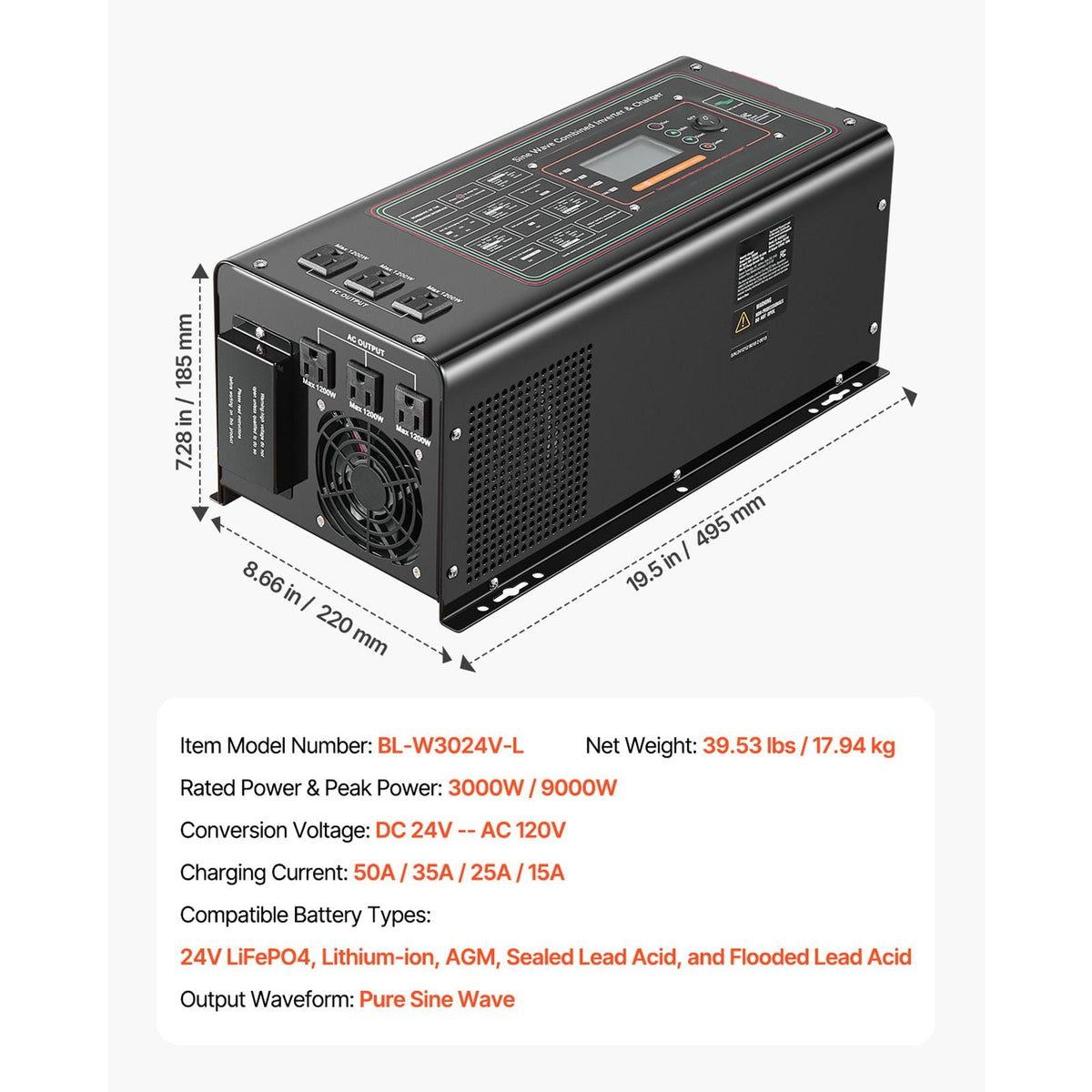 Pure Sine Wave Inverter Charger, 3000 Watt, DC 24V to AC 120V Power Inverter with LCD Display, Remote Control, Solar Inverter for Off-Grid Solar RV Boat Home, Compatible with Various Batteries