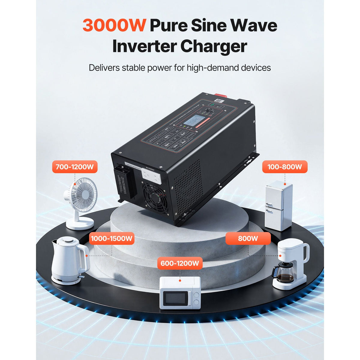 Pure Sine Wave Inverter Charger, 3000W, DC 12V to AC 120V Power Inverter with LCD Display, Remote Control, Low Frequency, for RV Camper Home, Compatible with 12V LiFePO4 and Lithium Batteries