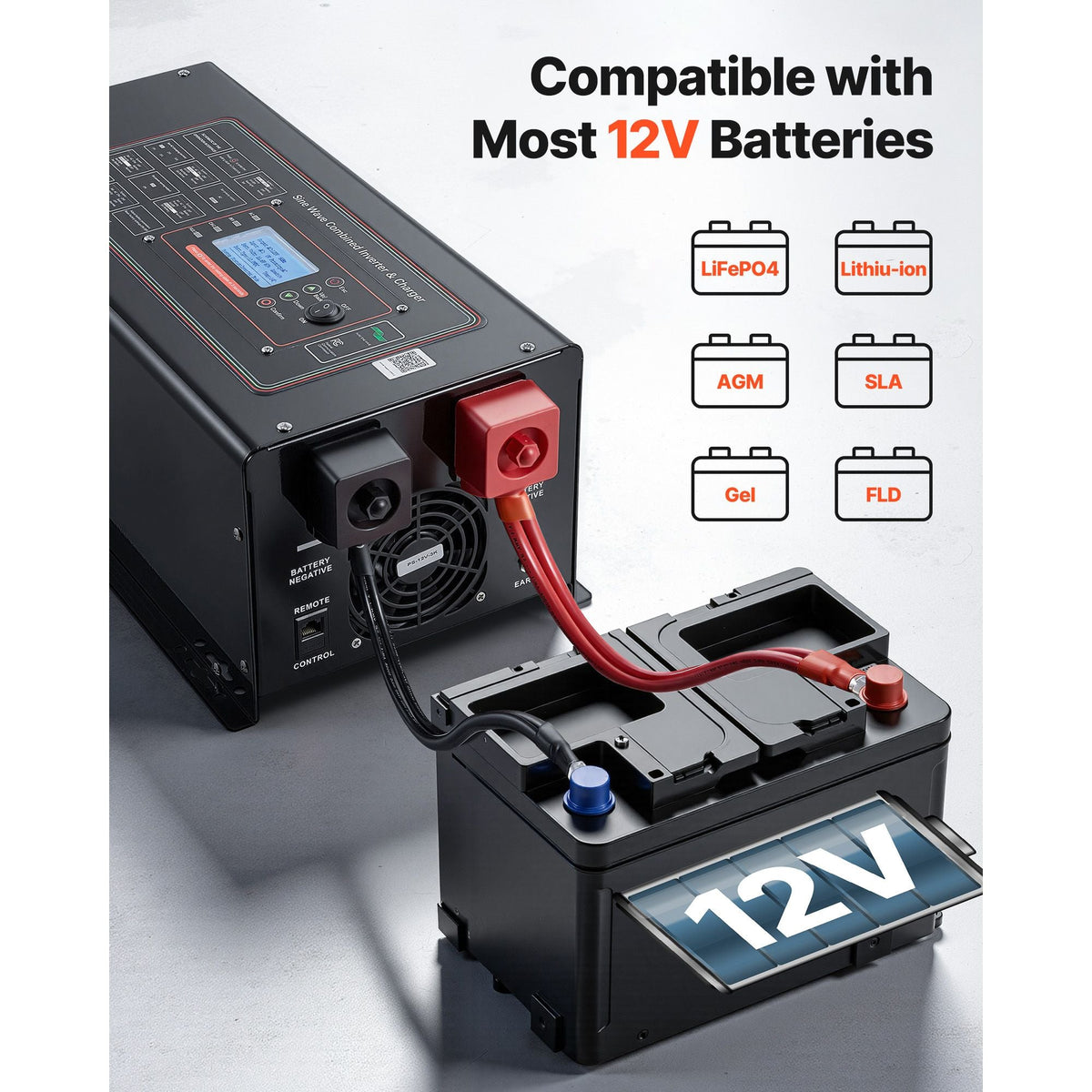 Pure Sine Wave Inverter Charger, 3000W, DC 12V to AC 120V Power Inverter with LCD Display, Remote Control, Low Frequency, for RV Camper Home, Compatible with 12V LiFePO4 and Lithium Batteries