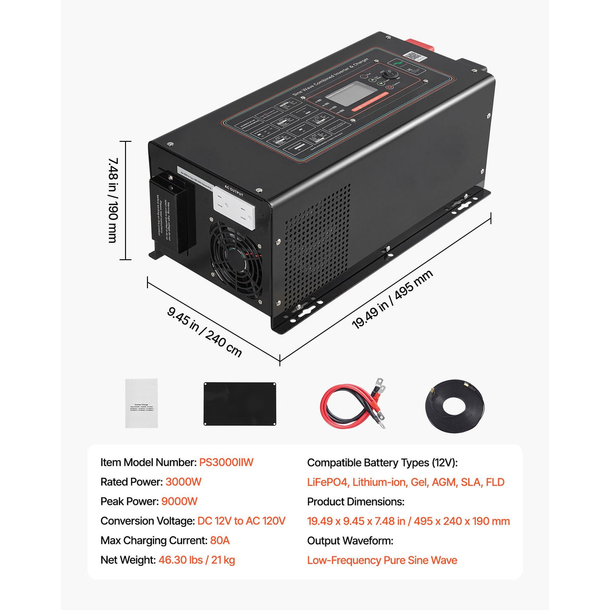 Pure Sine Wave Inverter Charger, 3000W, DC 12V to AC 120V Power Inverter with LCD Display, Remote Control, Low Frequency, for RV Camper Home, Compatible with 12V LiFePO4 and Lithium Batteries