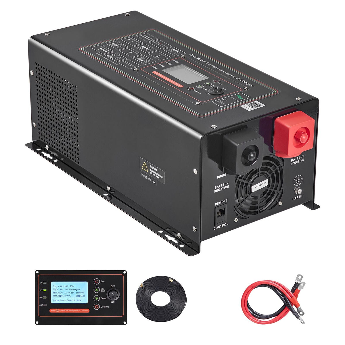 Pure Sine Wave Inverter Charger, 3000W, DC 12V to AC 120V Power Inverter with LCD Display, Remote Control, Low Frequency, for RV Camper Home, Compatible with 12V LiFePO4 and Lithium Batteries