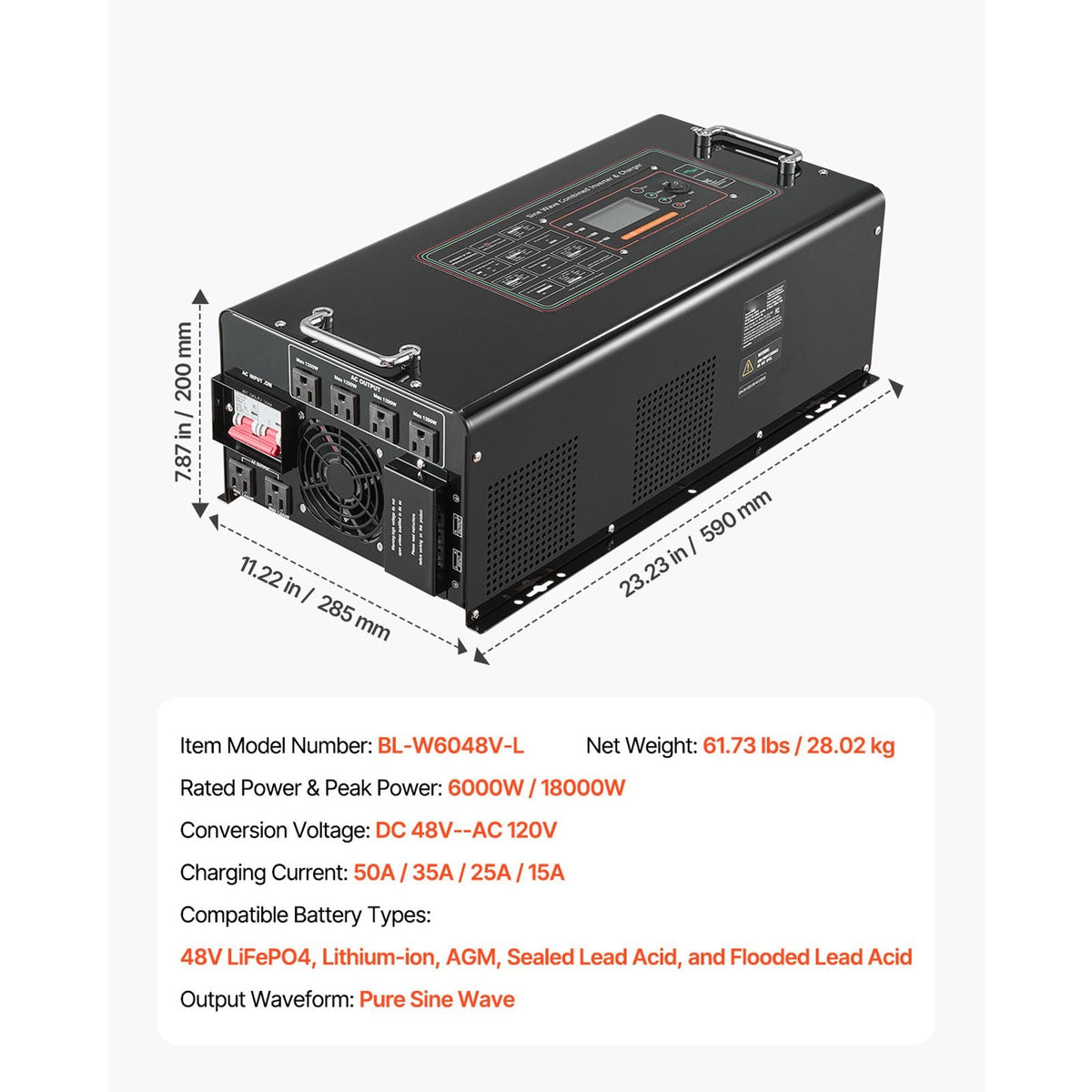 Pure Sine Wave Inverter Charger, 6000 Watt, DC 48V to AC 120V Power Inverter with LCD Display, Remote Control, Solar Inverter for Off-Grid Solar RV Boat Home, Compatible with Various Batteries