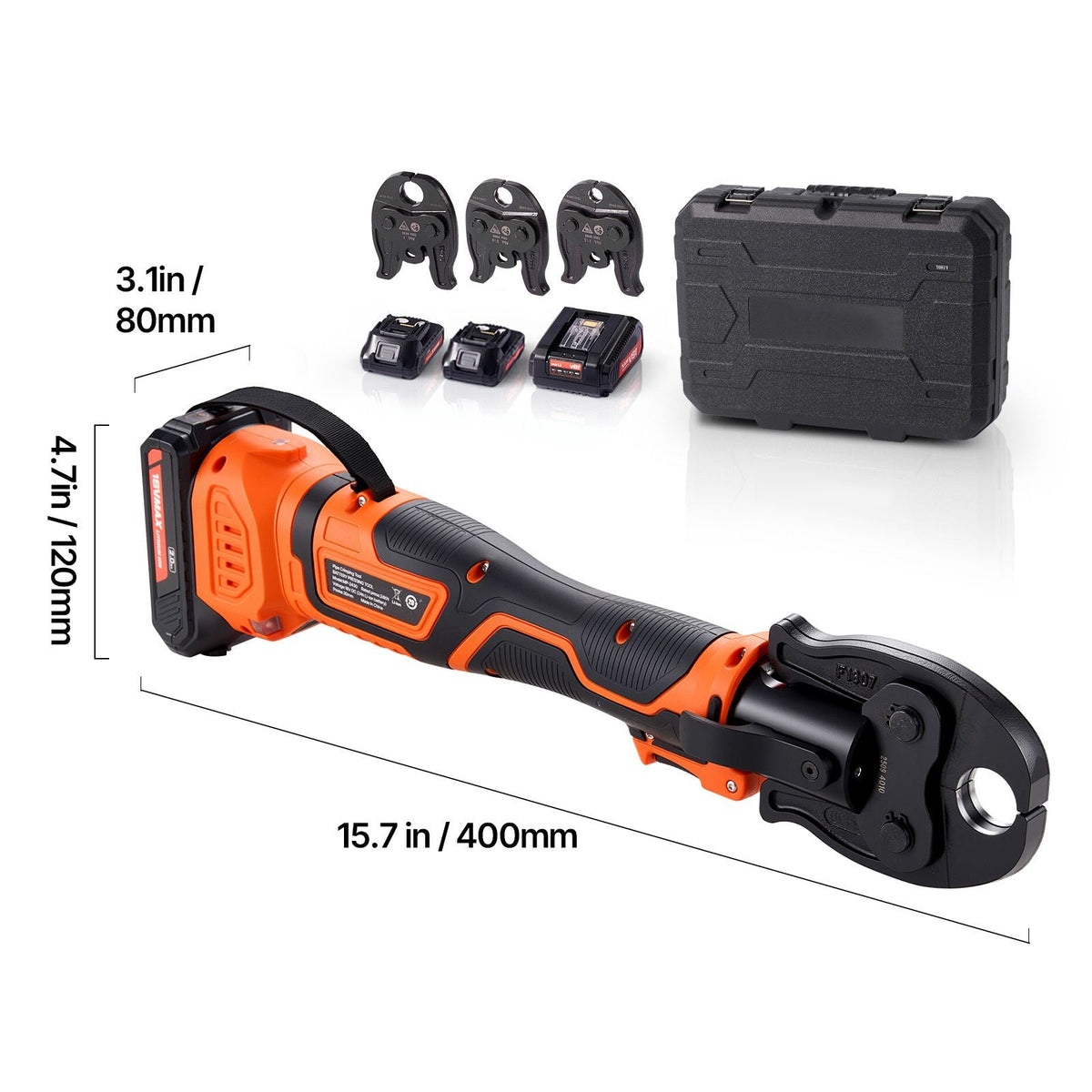 PureFlow Press Tool, 18V Electric Pipe Crimping Tool for 1/2", 3/4", 1" PEX Pipe Stainless Steel Rings, PEX Press Tool Kit with 3 VPF Jaws, 2pcs 2AH Batteries, Fast Charger & Carrying Case