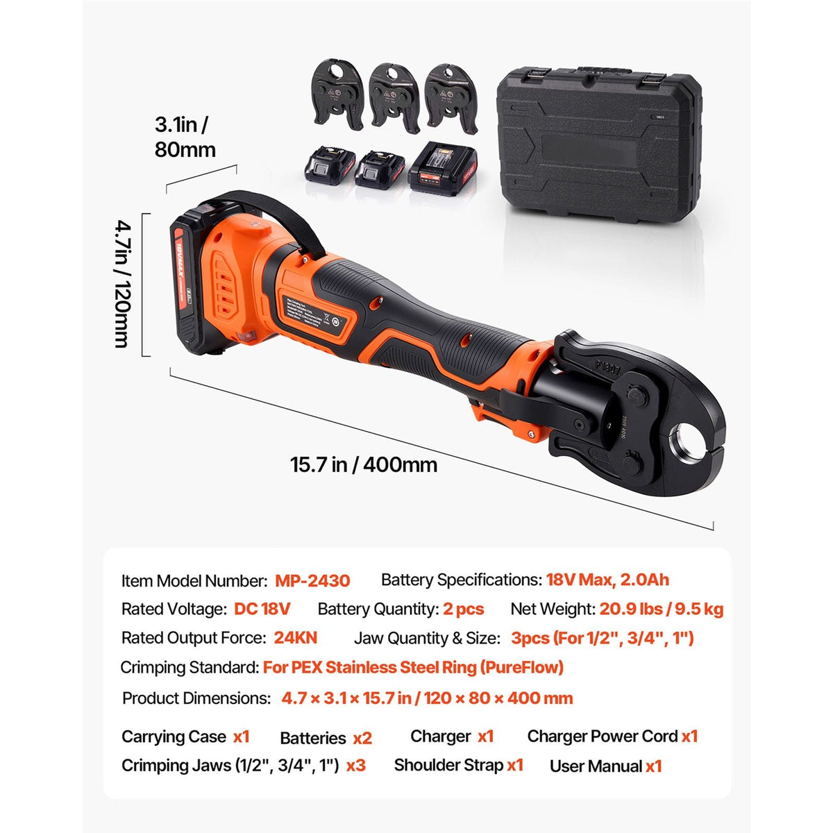 PureFlow Press Tool, 18V Electric Pipe Crimping Tool for 1/2", 3/4", 1" PEX Pipe Stainless Steel Rings, PEX Press Tool Kit with 3 VPF Jaws, 2pcs 2AH Batteries, Fast Charger & Carrying Case
