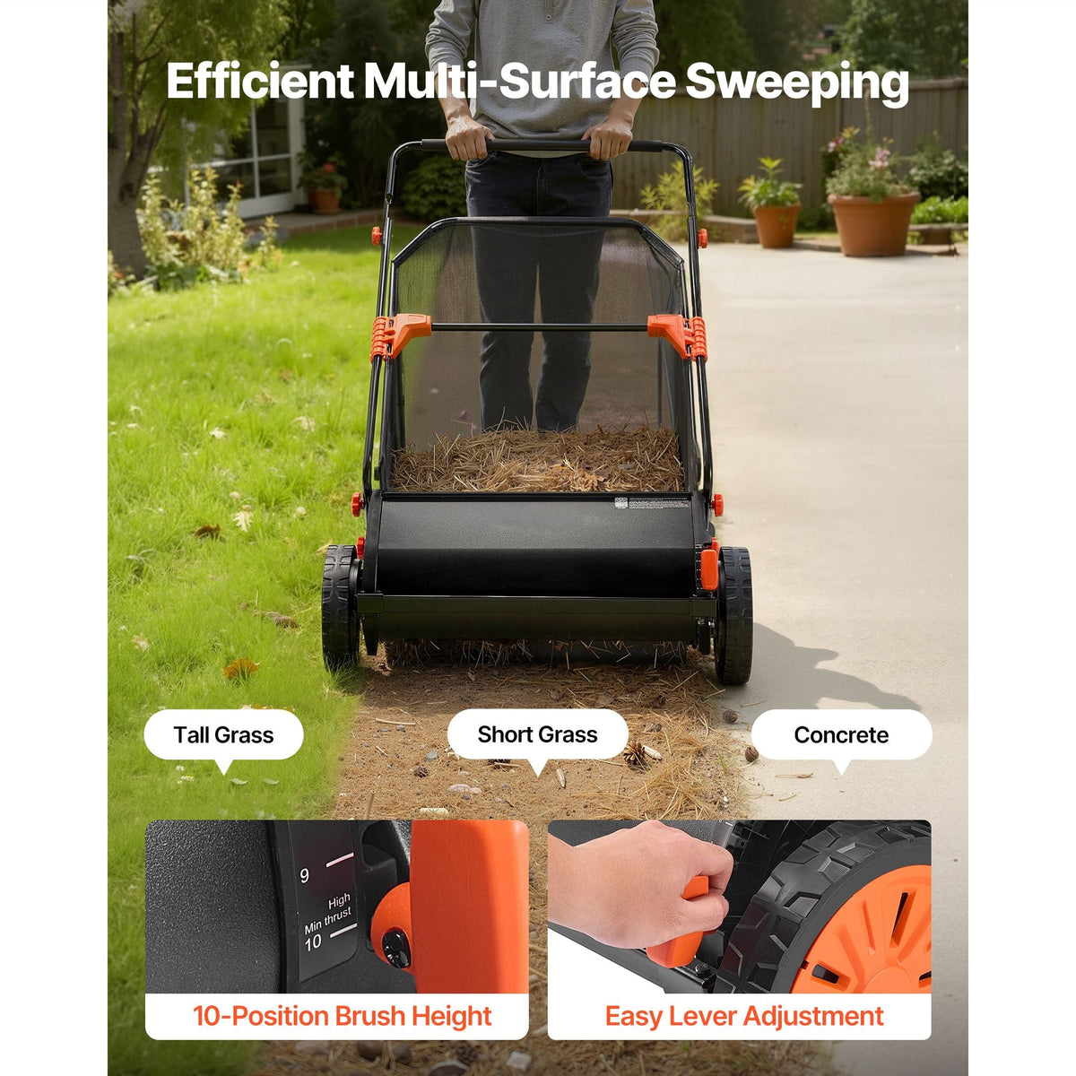 Push Lawn Sweeper, 26 in Leaf & Grass Collector with 7 cu. ft. Hopper Bag, Adjustable Brush Height & Spinning Brushes, Heavy Duty Yard Sweeper with Rubber Wheels for Leaves Grass Cleanup