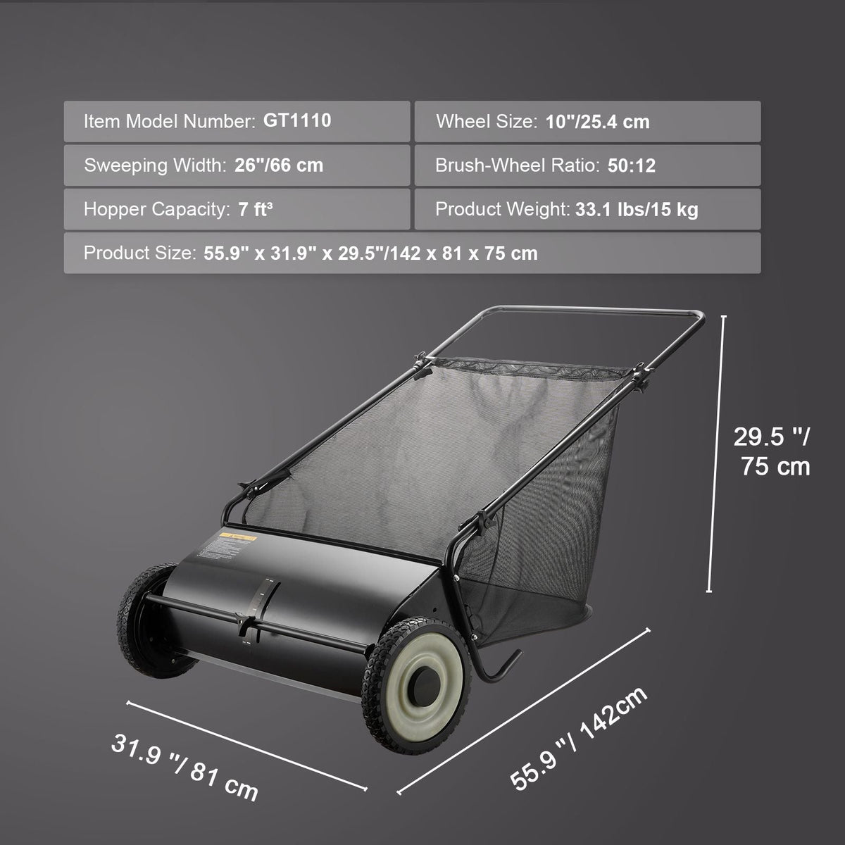 Push Lawn Sweeper, 26-inch Leaf & Grass Collector, Strong Rubber Wheels & Heavy Duty Thickened Steel, Durable to Use with Large Capacity 7 cu. ft. Mesh Collection Hopper Bag, 4 Spinning Brushes