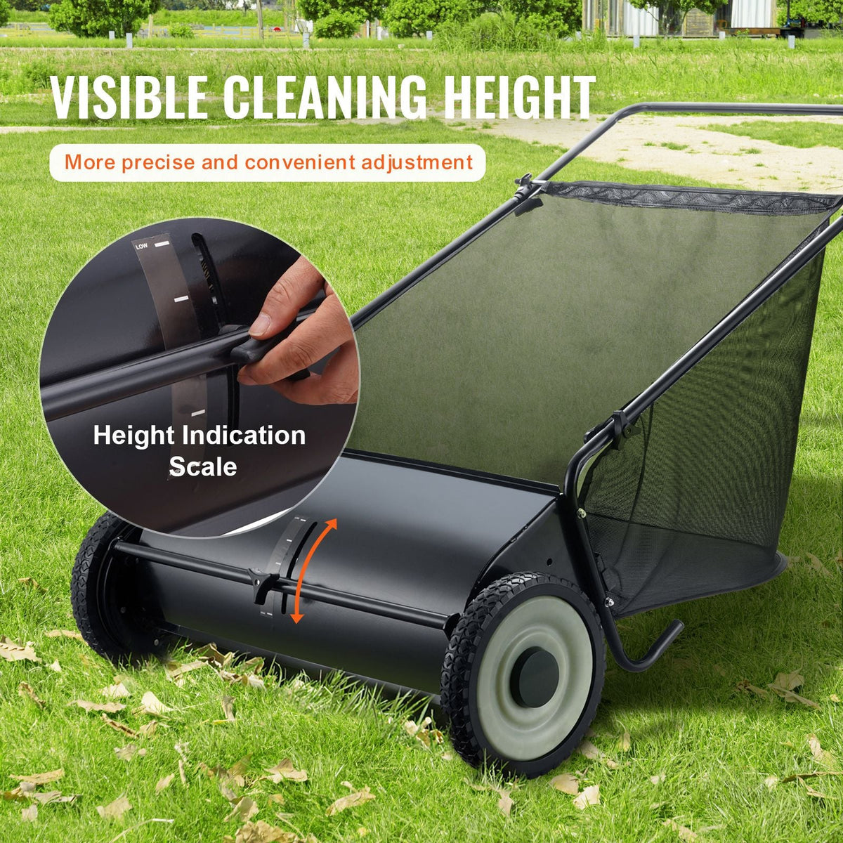 Push Lawn Sweeper, 26-inch Leaf & Grass Collector, Strong Rubber Wheels & Heavy Duty Thickened Steel, Durable to Use with Large Capacity 7 cu. ft. Mesh Collection Hopper Bag, 4 Spinning Brushes