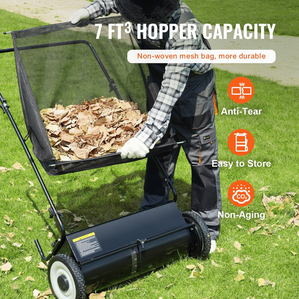 Push Lawn Sweeper, 26-inch Leaf & Grass Collector, Strong Rubber Wheels & Heavy Duty Thickened Steel, Durable to Use with Large Capacity 7 cu. ft. Mesh Collection Hopper Bag, 4 Spinning Brushes