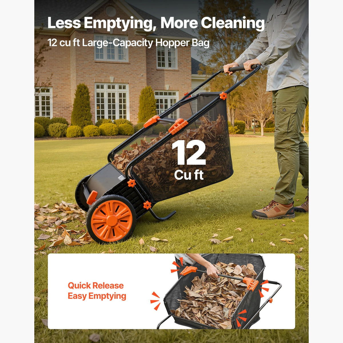 Push Lawn Sweeper, 30 in Leaf & Grass Collector with 12 cu. ft. Hopper Bag, Adjustable Brush Height & Spinning Brushes, Heavy Duty Yard Sweeper with Rubber Wheels for Leaves Grass Cleanup