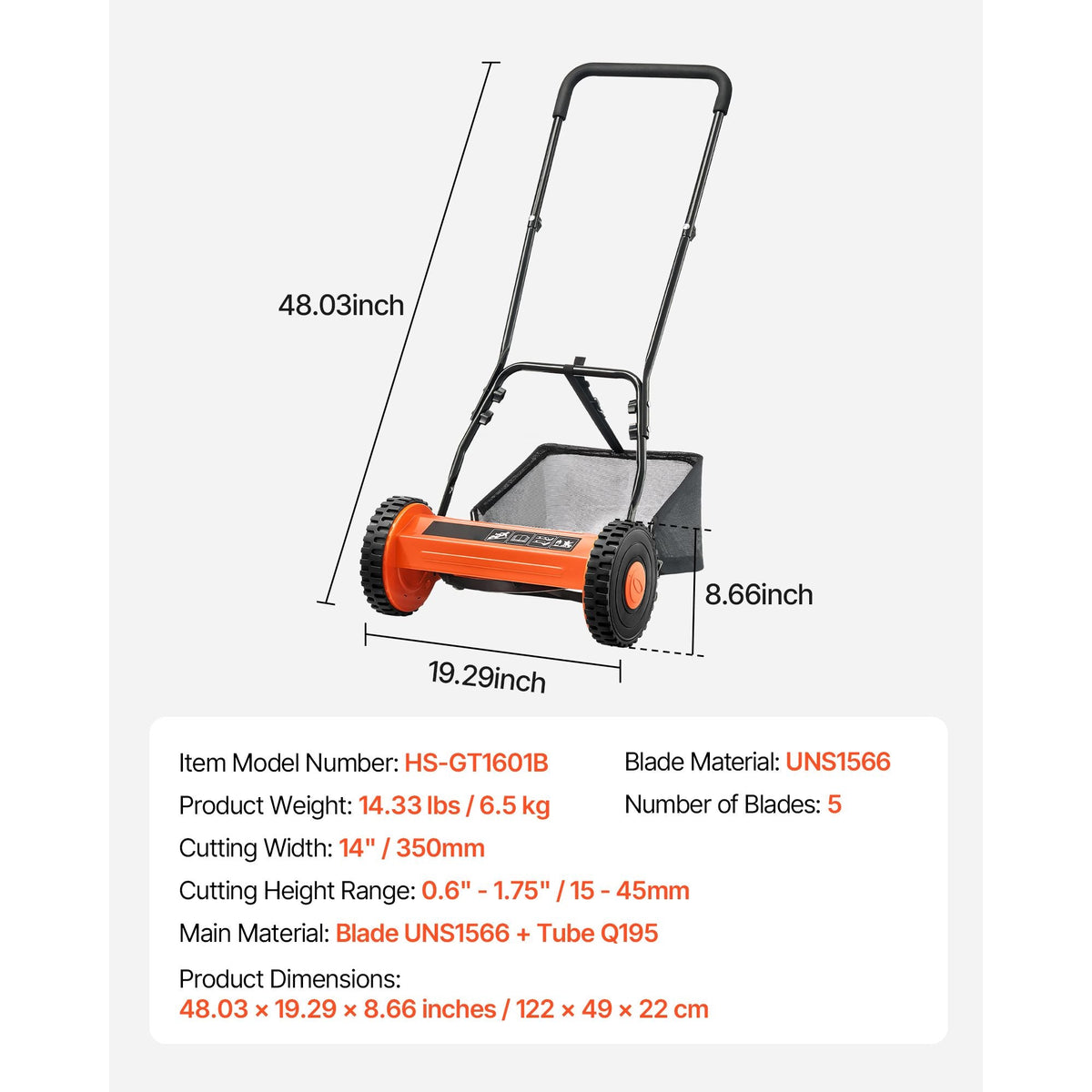 Push Reel Lawn Mower 14 inch, 5 Blades Manual Push Mower No Motor, 0.6-1.75 in Adjustable Cutting Height, Walk-Behind Lawn Mowers with Grass Catcher Bag for Green Lawns, Driveways, Courtyards