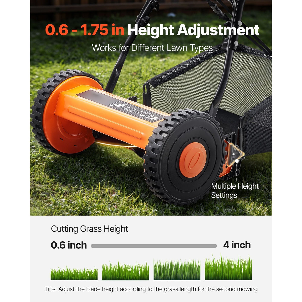 Push Reel Lawn Mower 14 inch, 5 Blades Manual Push Mower No Motor, 0.6-1.75 in Adjustable Cutting Height, Walk-Behind Lawn Mowers with Grass Catcher Bag for Green Lawns, Driveways, Courtyards