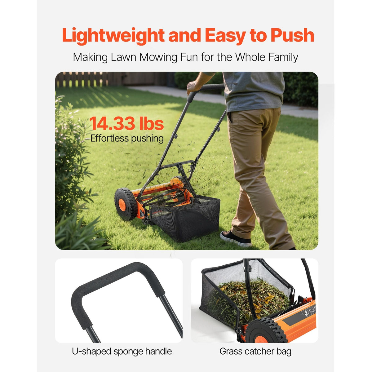 Push Reel Lawn Mower 14 inch, 5 Blades Manual Push Mower No Motor, 0.6-1.75 in Adjustable Cutting Height, Walk-Behind Lawn Mowers with Grass Catcher Bag for Green Lawns, Driveways, Courtyards