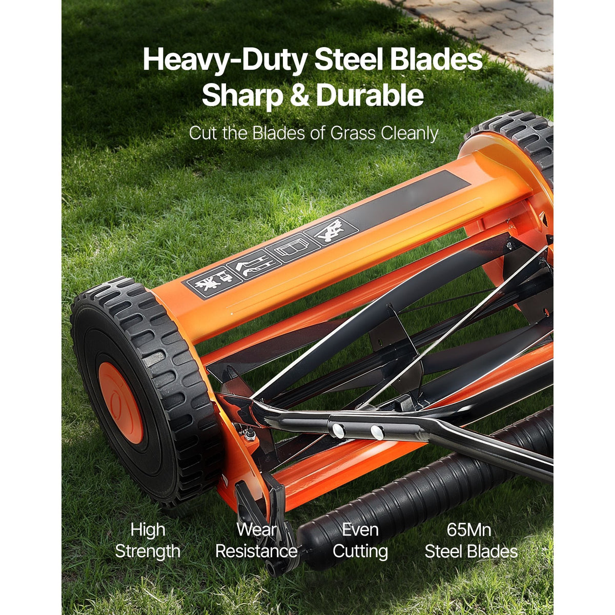Push Reel Lawn Mower 16 inch, 5 Blades Manual Push Mower No Motor, 0.6-1.75 in Adjustable Cutting Height, Walk-Behind Lawn Mowers with Grass Catcher Bag for Green Lawns, Driveways, Courtyards