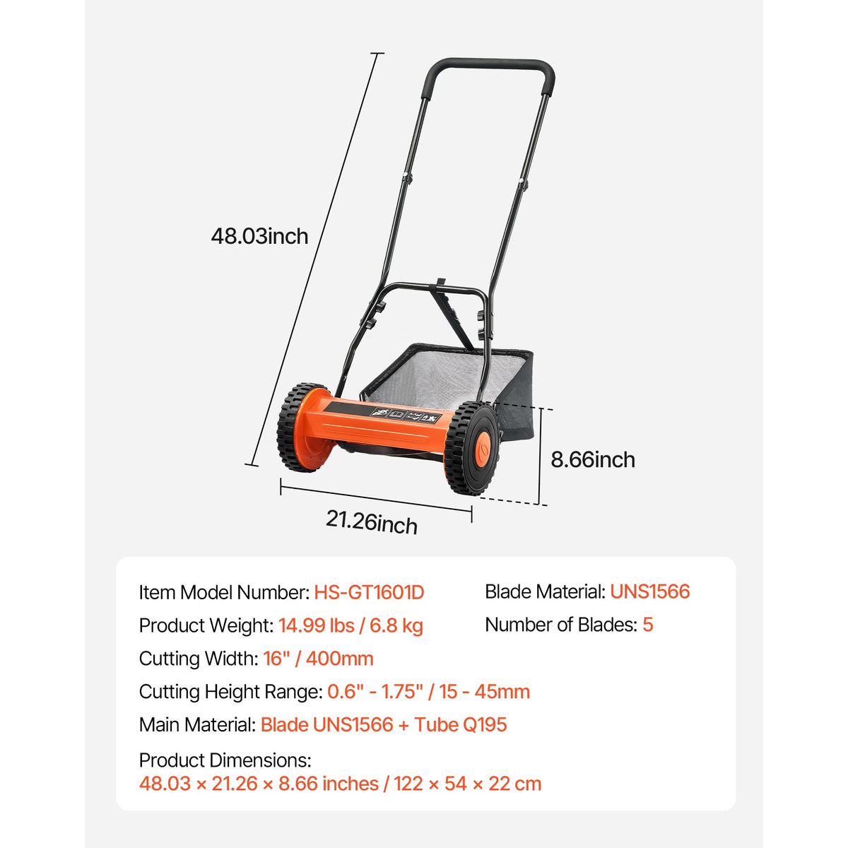 Push Reel Lawn Mower 16 inch, 5 Blades Manual Push Mower No Motor, 0.6-1.75 in Adjustable Cutting Height, Walk-Behind Lawn Mowers with Grass Catcher Bag for Green Lawns, Driveways, Courtyards