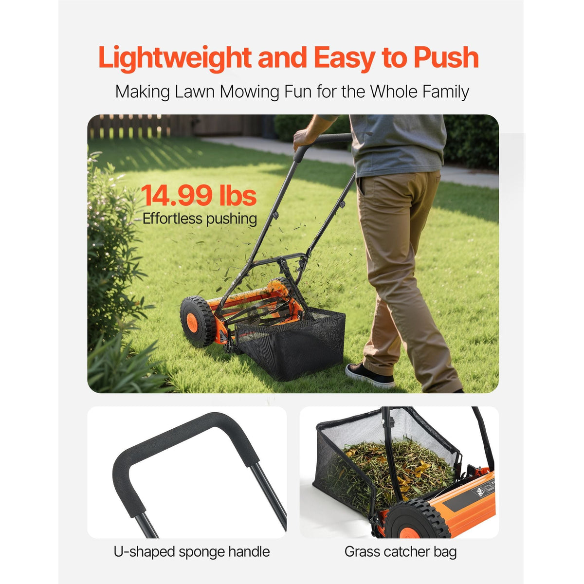 Push Reel Lawn Mower 16 inch, 5 Blades Manual Push Mower No Motor, 0.6-1.75 in Adjustable Cutting Height, Walk-Behind Lawn Mowers with Grass Catcher Bag for Green Lawns, Driveways, Courtyards