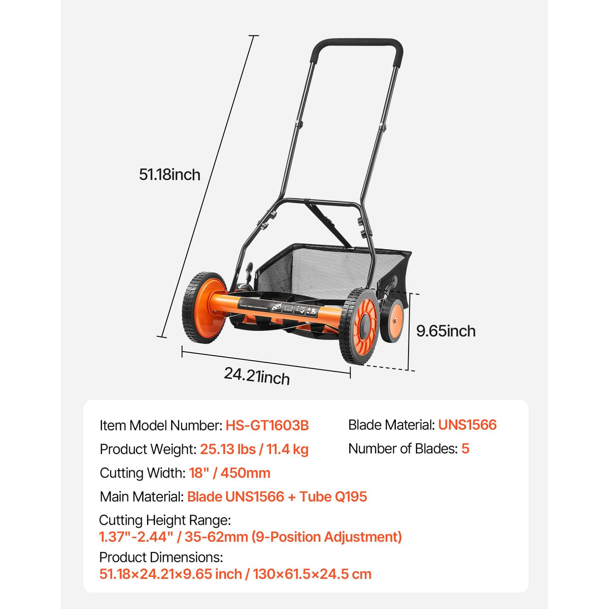 Push Reel Lawn Mower 18 inch, 5 Blades Manual Push Mower No Motor, 1.37-2.44 in Adjustable Cutting Height, Walk-Behind Lawn Mowers with Grass Catcher Bag for Green Lawns, Driveways, Courtyards