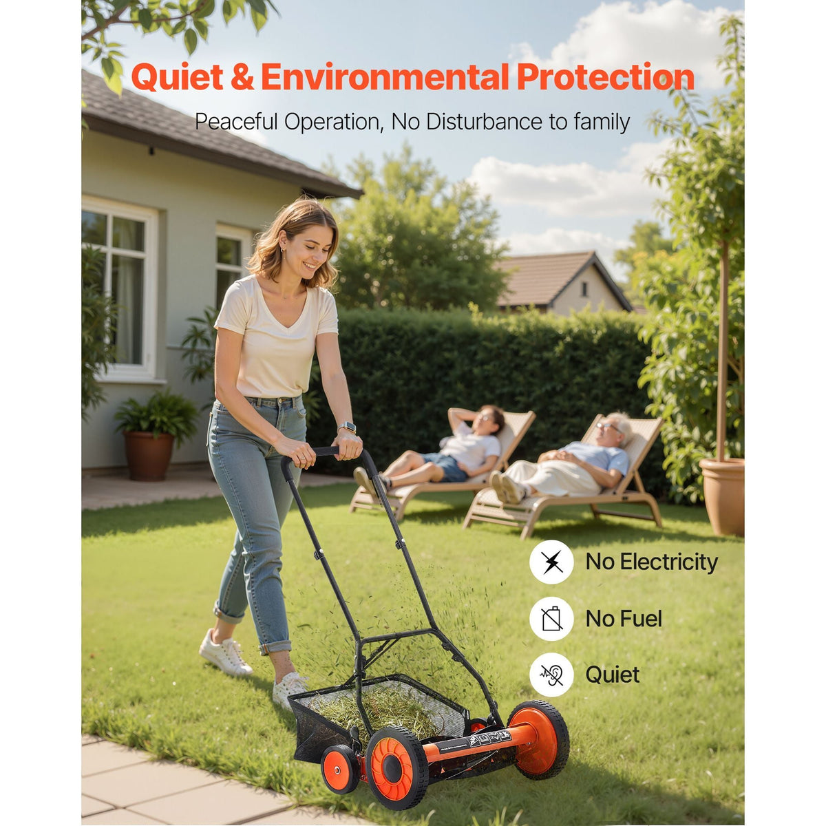 Push Reel Lawn Mower 18 inch, 5 Blades Manual Push Mower No Motor, 1.37-2.44 in Adjustable Cutting Height, Walk-Behind Lawn Mowers with Grass Catcher Bag for Green Lawns, Driveways, Courtyards
