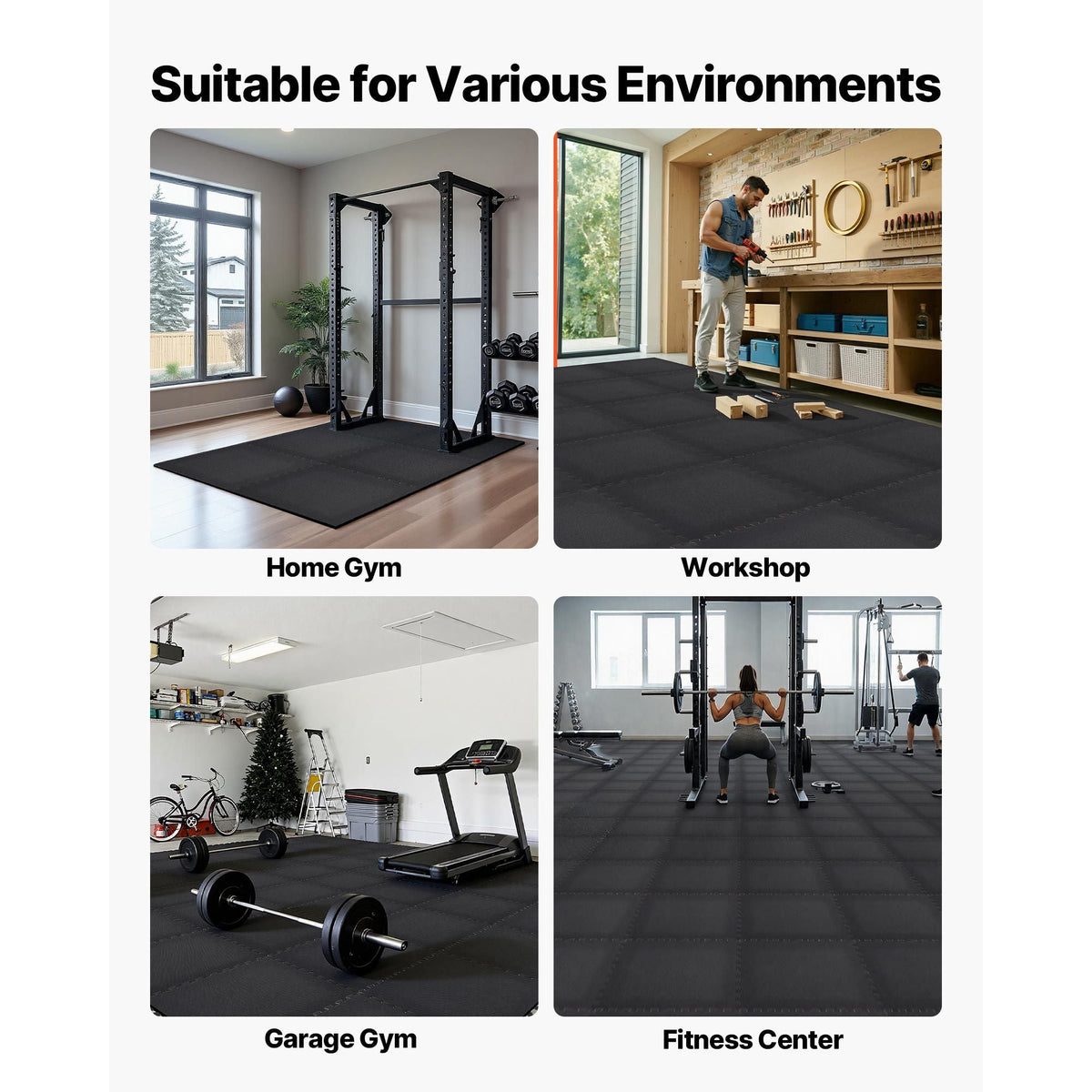 Puzzle Exercise Mat, 12 PCS Fitness Equipment Mats, 24 x 24 x 0.56 in, High-Density EVA Foam Gym Mats Set, Interlocking Rubber Soft Tiles, Protective Floor Padding for Home, Gym, Office, Black
