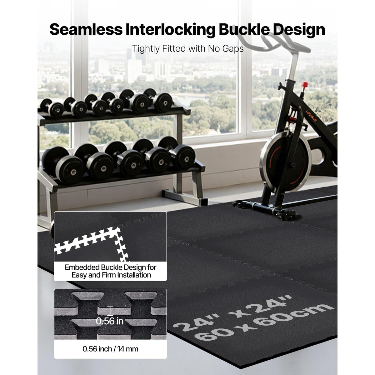 Puzzle Exercise Mat, 24 PCS Fitness Equipment Mats, 24 x 24 x 0.56 in, High-Density EVA Foam Gym Mats Set, Interlocking Rubber Soft Tiles, Protective Floor Padding for Home, Gym, Office, Black
