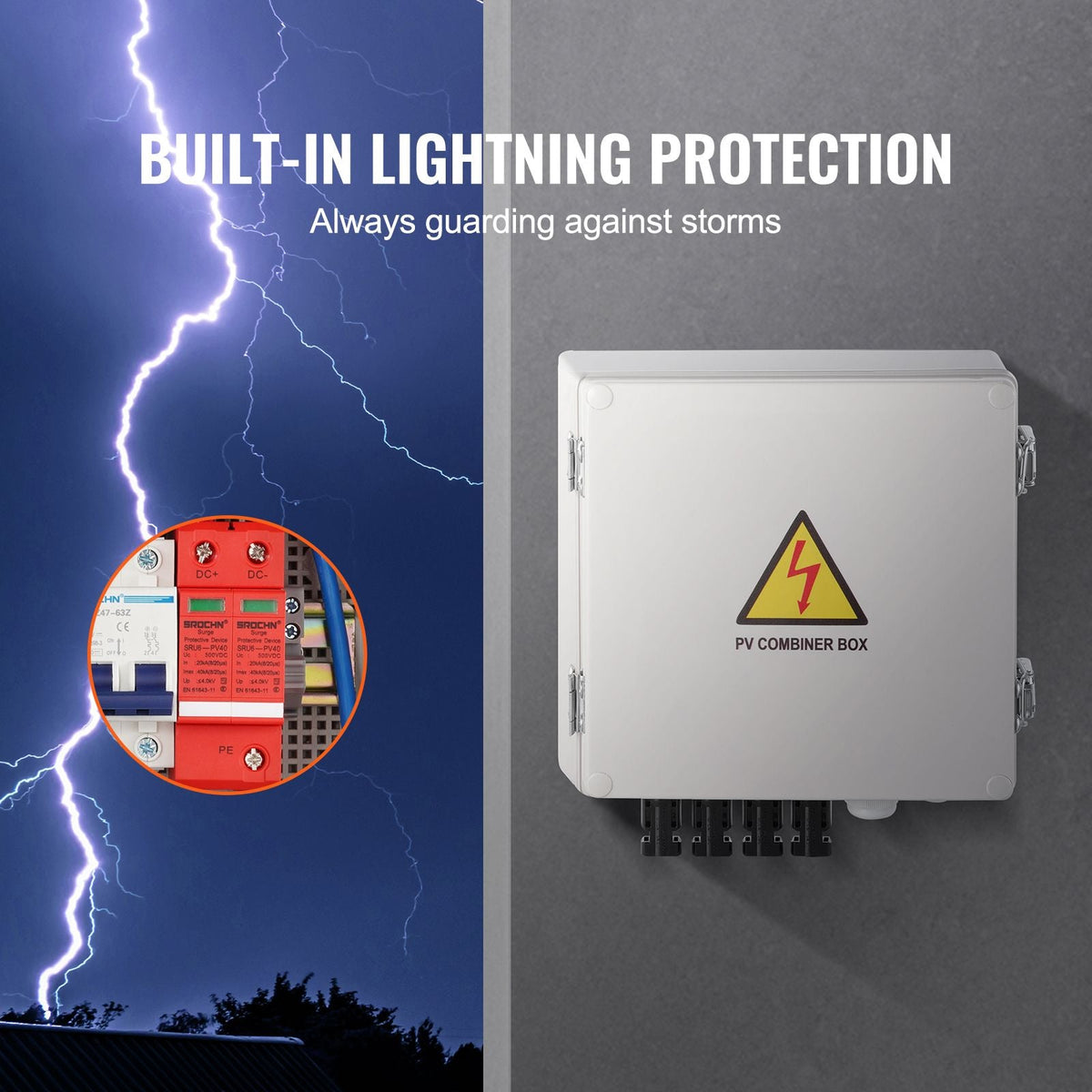 PV Combiner Box, 4 String, Solar Combiner Box with 10A Rated Current Fuse 63A Circuit Breaker Lightning Arrester and Solar Connector, ABS Plastic Case for On / Off Grid Solar Panel System, IP65