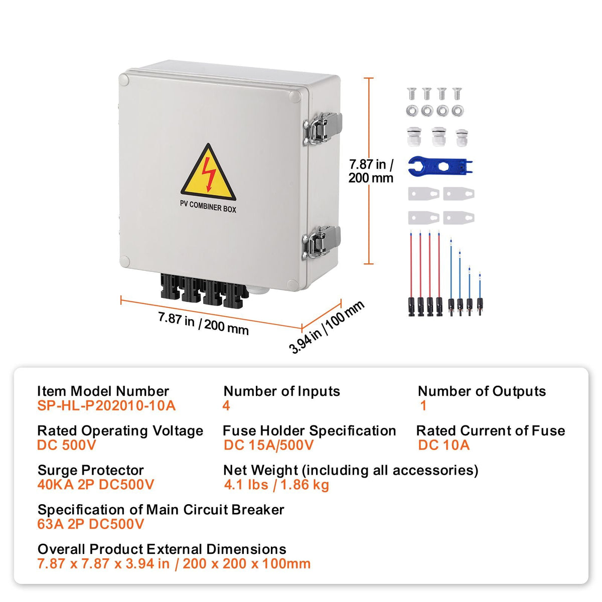 PV Combiner Box, 4 String, Solar Combiner Box with 10A Rated Current Fuse 63A Circuit Breaker Lightning Arrester and Solar Connector, ABS Plastic Case for On / Off Grid Solar Panel System, IP65
