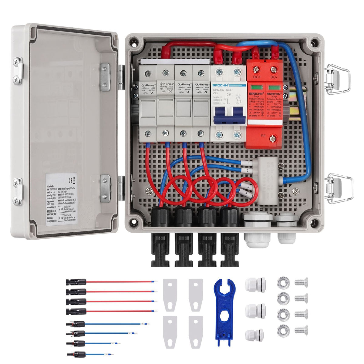 PV Combiner Box, 4 String, Solar Combiner Box with 10A Rated Current Fuse 63A Circuit Breaker Lightning Arrester and Solar Connector, ABS Plastic Case for On / Off Grid Solar Panel System, IP65