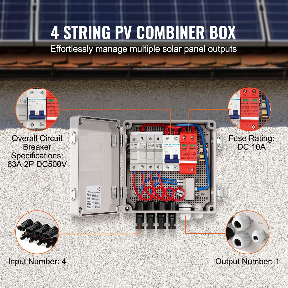 PV Combiner Box, 4 String, Solar Combiner Box with 10A Rated Current Fuse 63A Circuit Breaker Lightning Arrester and Solar Connector, ABS Plastic Case for On / Off Grid Solar Panel System, IP65